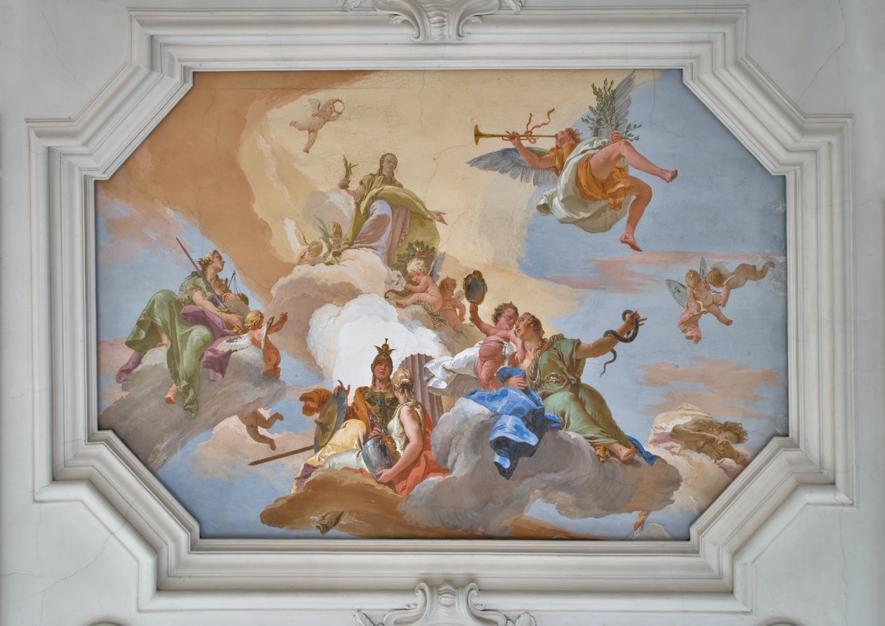 Triumph of Glory vyhlášený slávou stojící mezi kardinálskými ctnostmi od Giovanni Battista Tiepolo
