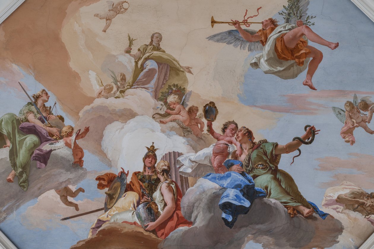 Triumph of Glory vyhlášený slávou stojící mezi kardinálskými ctnostmi od Giovanni Battista Tiepolo