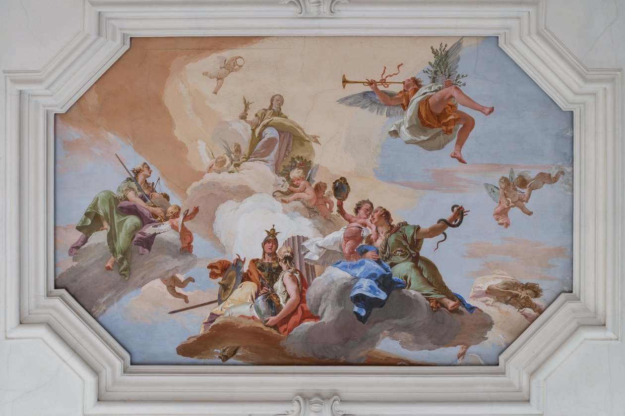 Triumph of Glory vyhlášený slávou stojící mezi kardinálskými ctnostmi od Giovanni Battista Tiepolo
