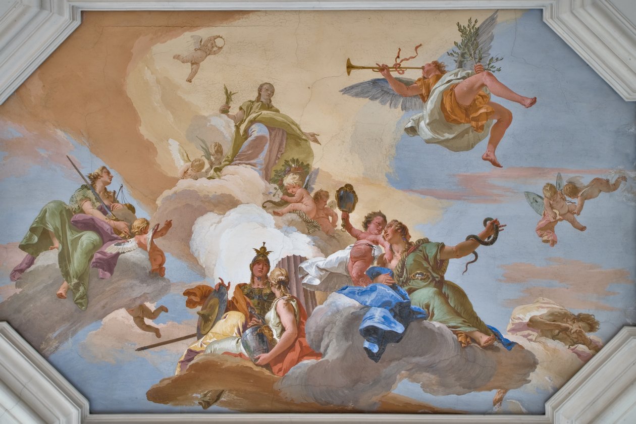 Triumph of Glory vyhlášený slávou stojící mezi kardinálskými ctnostmi od Giovanni Battista Tiepolo