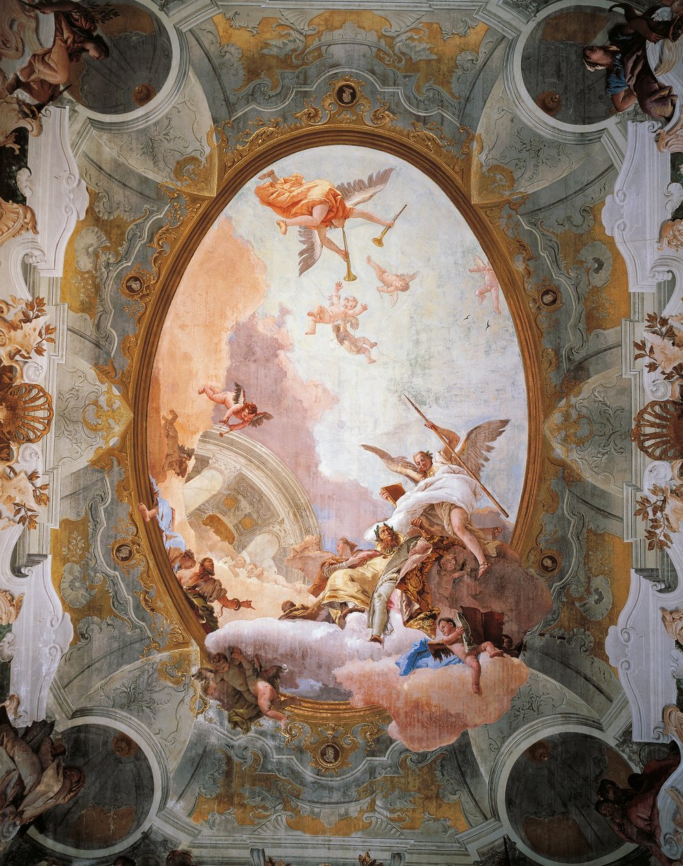 Alegorie za zásluhy doprovázené urozeností a ctností, Giambattista Tiepolo (1696-1770). Strop trůnního sálu, Ca 