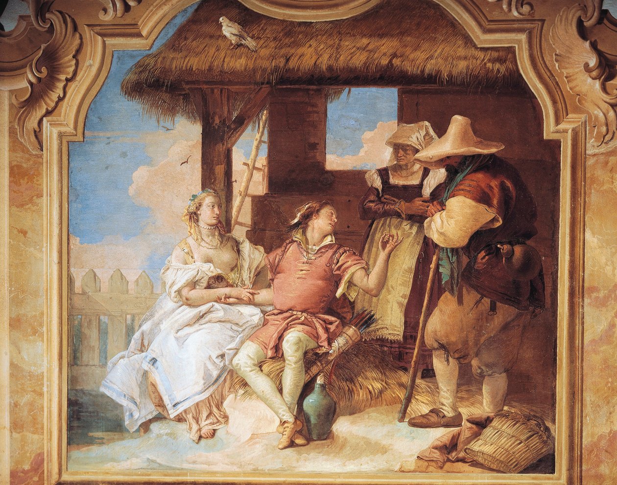 Angelica a Medoro se rozcházejí s rolníky od Giambattisty Tiepola z Nani Room of the Frenzy of Orlando ve Villa Valmarana, freska od Giovanni Battista Tiepolo