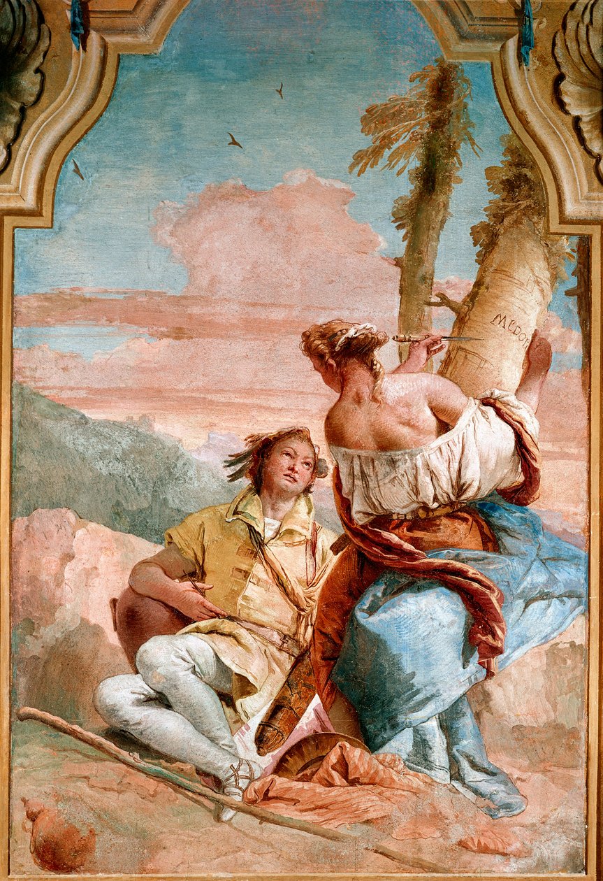 Angelique et Medor - Ilustrace k „Zuřivému Rolandovi“ (Orlando Furioso) od Ludovica Ariosta (Ariosto) představující Angeliku (Angelica) s nápisem jména Medora (Medoro), se kterým se právě spojila, na kmen stromu - Fresco od Giambattista Tiepo od Giovanni Battista Tiepolo