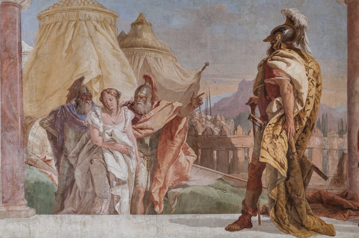 Eurybates a Talthybius vedou Briseis k Agamemnonovi (detail) od Giovanni Battista Tiepolo