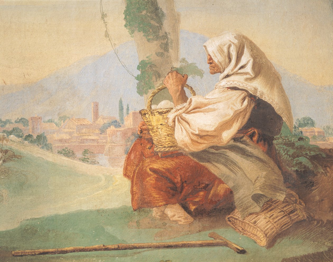 Krajina má rolníka Sedí starý muž, hlavu má zakrytou krvavým mužem, který si skrývá tvář od Giovanni Battista Tiepolo