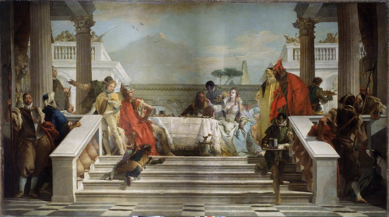 Kleopatřina slavnost. Egyptská královna (69-30 př. n. l.) je pravděpodobně vyobrazena s římským politikem a vojevůdcem Marcem Antoniem (Marcus Antonius, 83-30 př. n. l.). (Kleopatřina hostina). Obraz Giambattisty Tiepola (1696-1770). Olej na t od Giovanni Battista Tiepolo