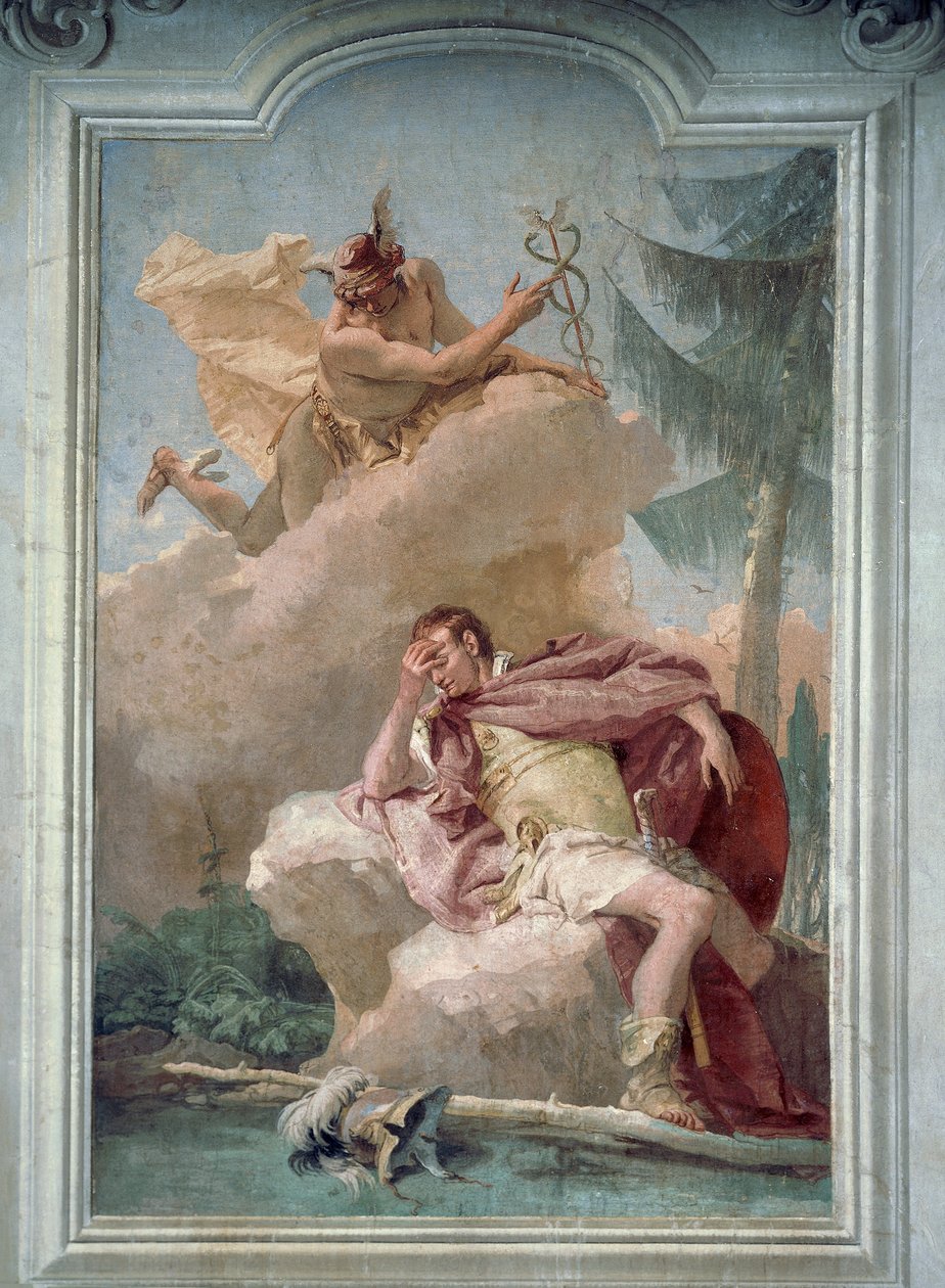 Merkur se zjevuje Aeneovi ve snu, aby mu přikázal jít do Kartága, Giambattista Tiepolo (1696-1770), Pokoj Aeneid, Villa Valmarana 