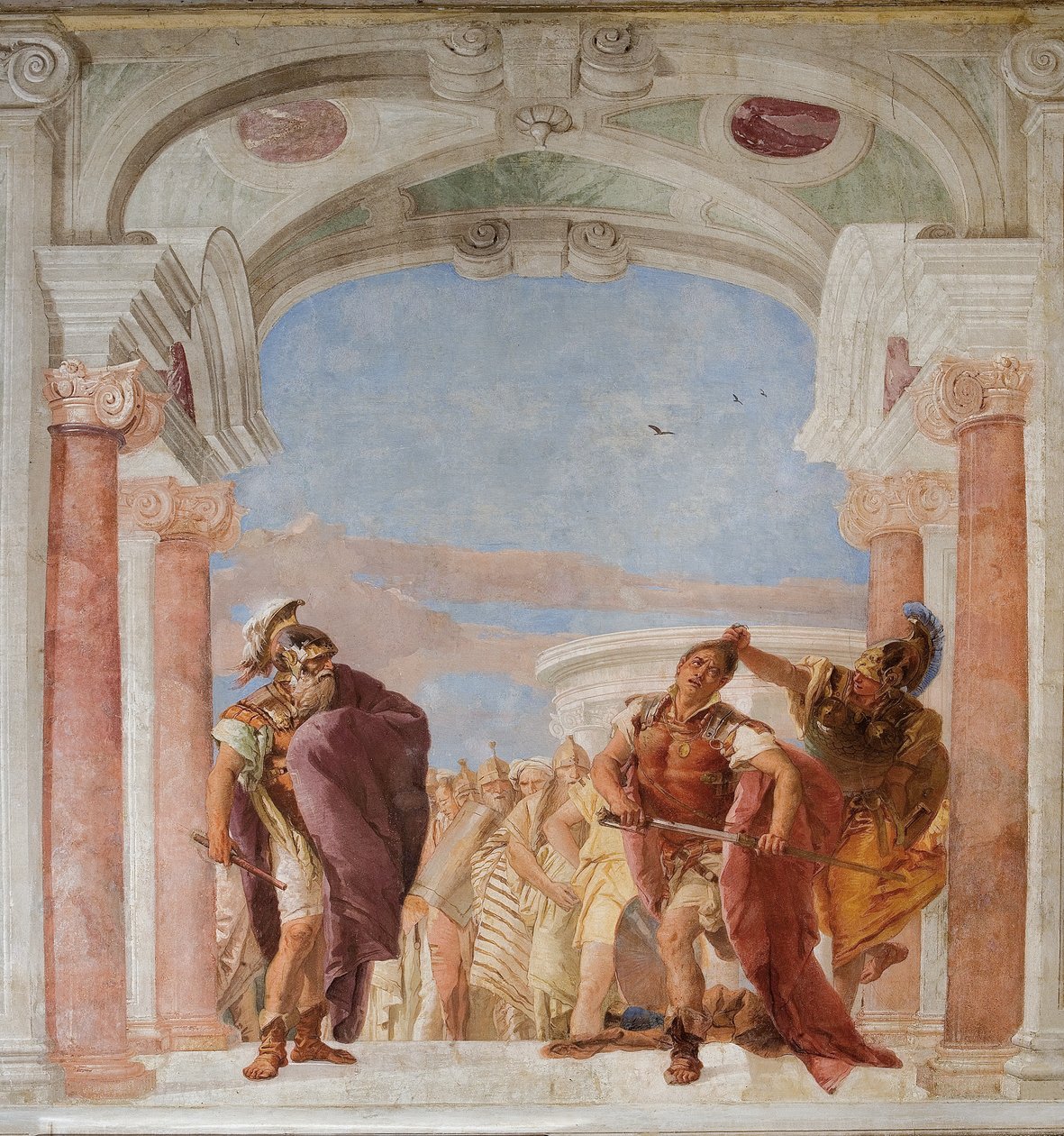 Minerva bránící Achilleovi před zabitím Agamemnona z komnaty Iliady v Palazzině od Giovanni Battista Tiepolo