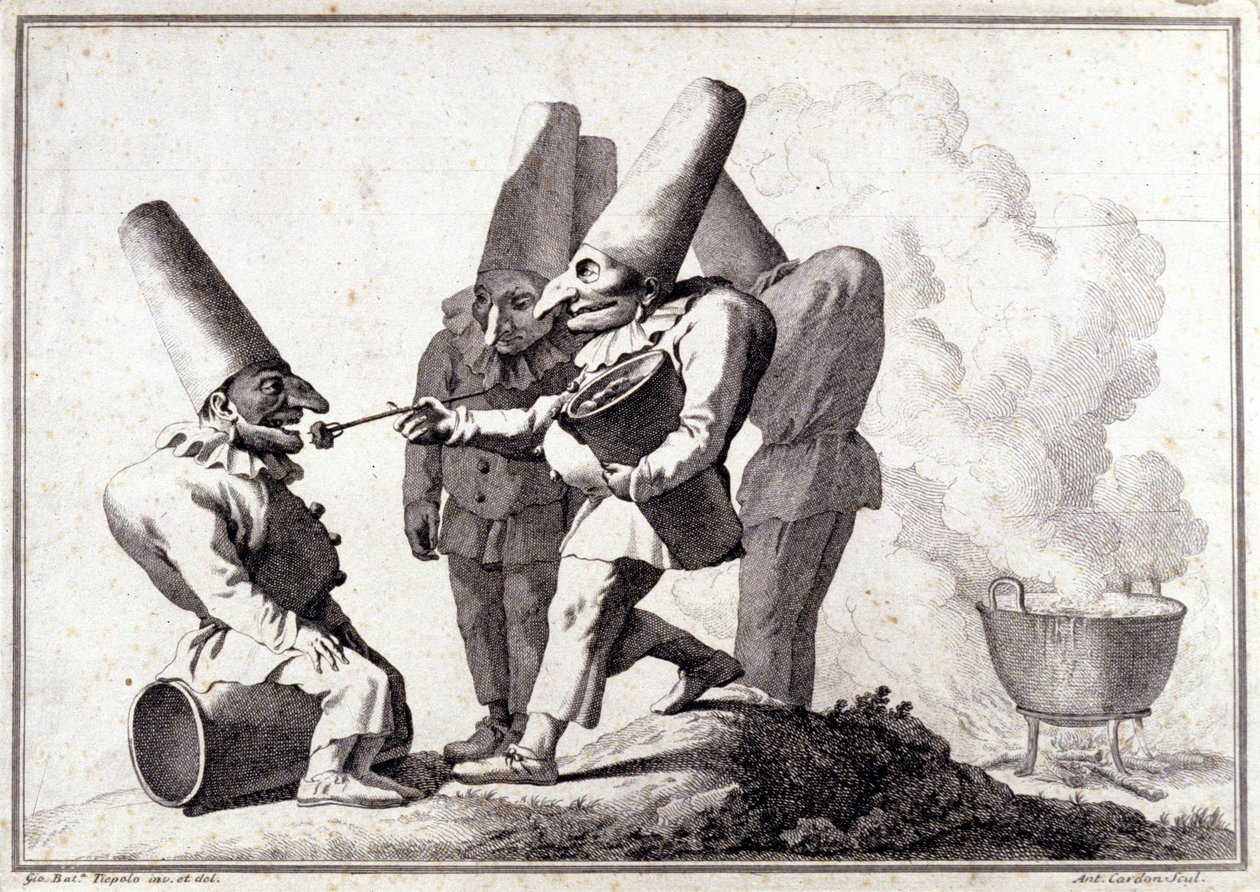 Skupina Pulcinella (italsky Polichinelle). Kresba perem a lavírovaná značka tužkou od Giovanni Battisty (Giambattista) Tiepolo (1696-1770). od Giovanni Battista Tiepolo