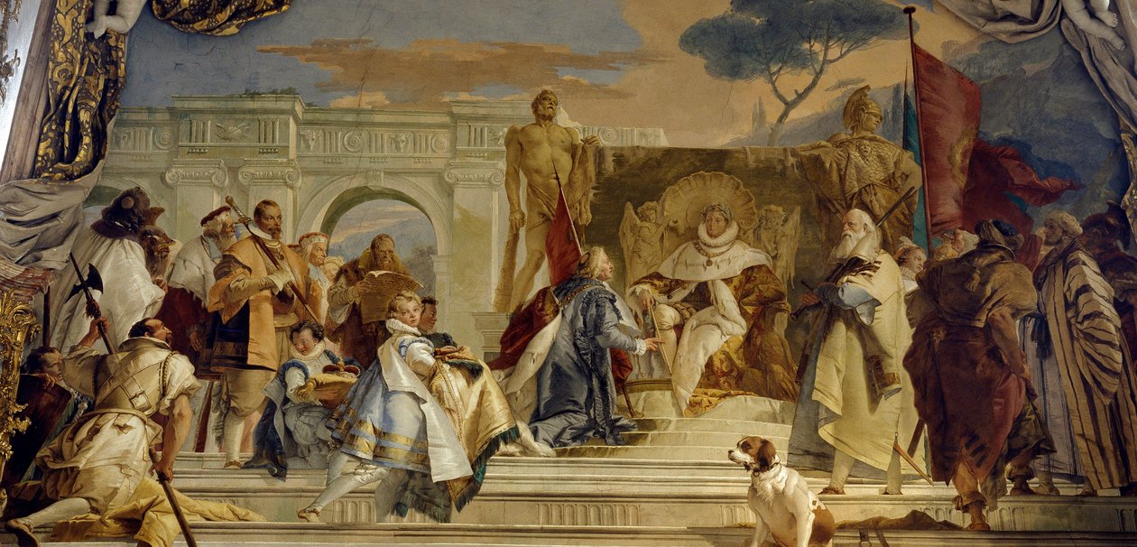 Investitura Eveque Aroldo Frederikem I. z Hohenstaufen (1122-1190) dit Frederic Barberousse, německý král a germánský císař Fresco od Giovanniho Battisty (Giambattisty) Tiepola (1696-1770). 18. století Palác Wurzburg (Würzburg) Německo od Giovanni Battista Tiepolo
