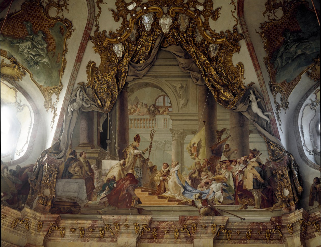 Svatba Beatrice Burgundské a Fridricha I. z Hohenstaufenu (1122-1190) známého jako Fridrich Barberousse, německý král a germánský císař v roce 1156 Freska od Giovanniho Battisty (Giambattista) Tiepola (1696-1770). 1752 Palác Würzburg (Würzburg) Ge od Giovanni Battista Tiepolo