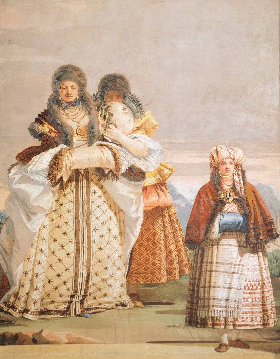 Zimní procházka, Giambattista Tiepolo (1696-1770), freska, detail, Gotický pokoj, Host Quarters of Villa Valmarana ai Nani, Vicenza, Itálie od Giovanni Battista Tiepolo