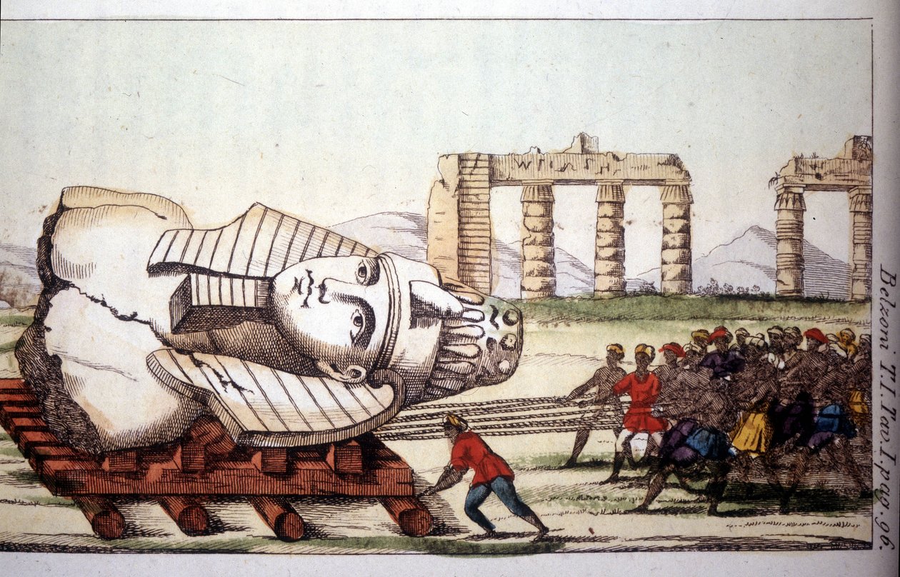 Převoz busty Memnona na březích Nilu Belzonim. Giovanni Battista (Gianbattista) Belzoni (1778-1823), italský cestovatel a archeolog, učinil důležité archeologické objevy v Egyptě. Gravírování - v „“ Viaggio in Egitto e od Giovanni Battista (after) Belzoni
