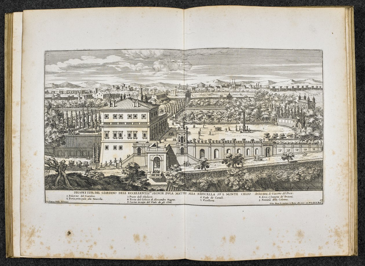 "Perspektiva Giardino dell Excellentis Signor Duca Mattei alla Navicella na Monte Celio, Řím" od Giovanni Battista (after) Falda