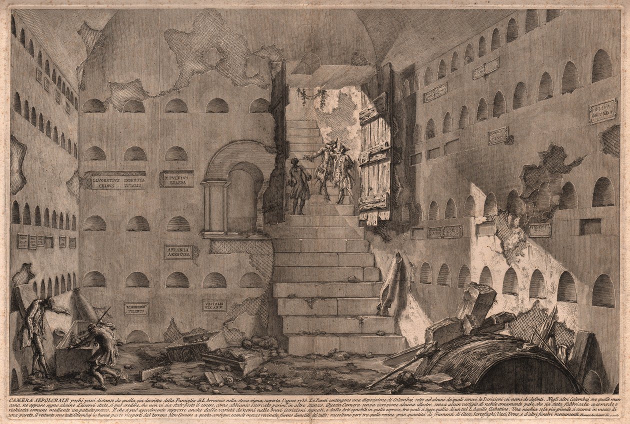 Pohled na objev starověké sepulkrální komory v roce 1736 poblíž Říma, Itálie (rytina) od Giovanni Battista (after) Piranesi