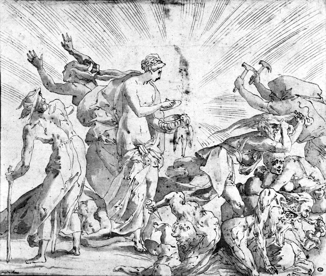 Mýtus o Pandořině skříňce, kresba Rosso od Giovanni Battista (after) Rosso