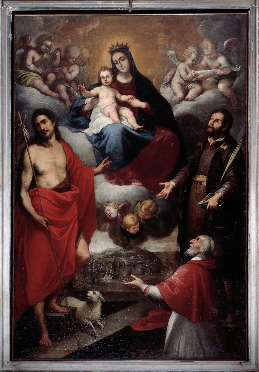 Panna se svatým Janem Křtitelem a svatým Vavřincem (olej na plátně od Giovanni Battista Baiardo