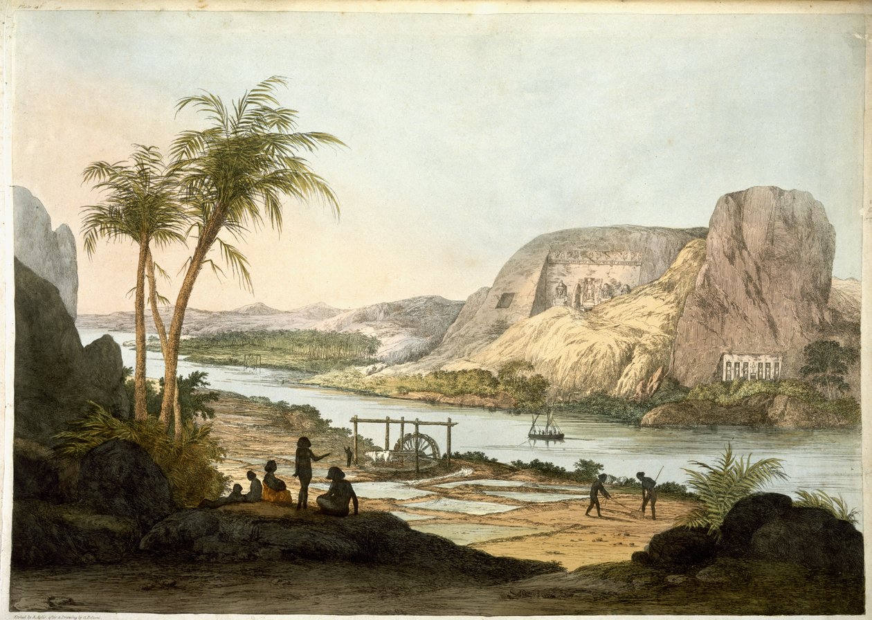 Vnější pohled na dva chrámy v Abu Simbel, z Desky ilustrující výzkumníky v Egyptě a Núbii, publikované 1822 od Giovanni Battista Belzoni