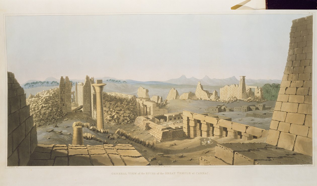 Celkový pohled na ruiny velkého chrámu v Carnacu, objevené G. Belzonim, z Ilustrativních desek z výzkumů v Egyptě a Núbii, vyryté Charlesem Hullmandlem (1789-1850) 1820 (litho od Giovanni Battista Belzoni
