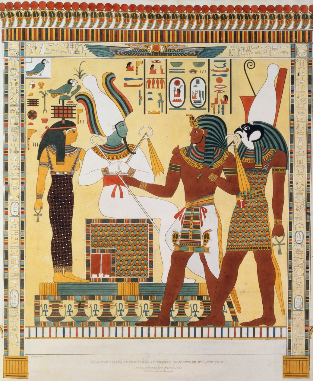 Nástěnná malba z hrobek thébských králů, objevená G. Belzonim, deska 19 z „Plates Illustrative of the Researches in Egypt and Nubia“, rytina Charlese Hullmandela (1789-1850) 1820-22 (lit od Giovanni Battista Belzoni