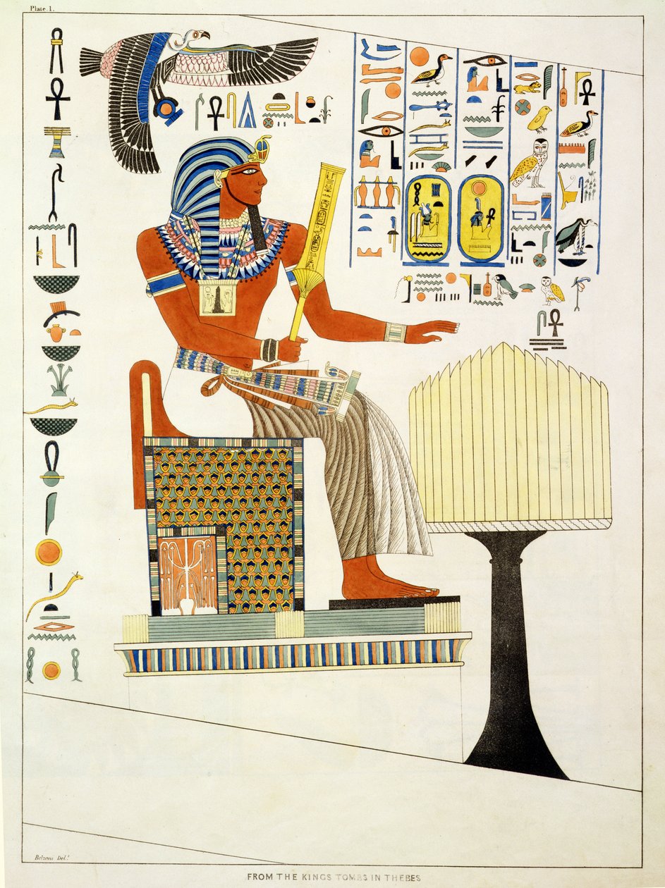 Nástěnná malba z hrobek thébských králů, objevená G. Belzonim, deska 1 z „Plates Illustrative of the Researches in Egypt and Nubia“, rytina Charlese Hullmandela (1789-1850) 1820-22 (lit. od Giovanni Battista Belzoni
