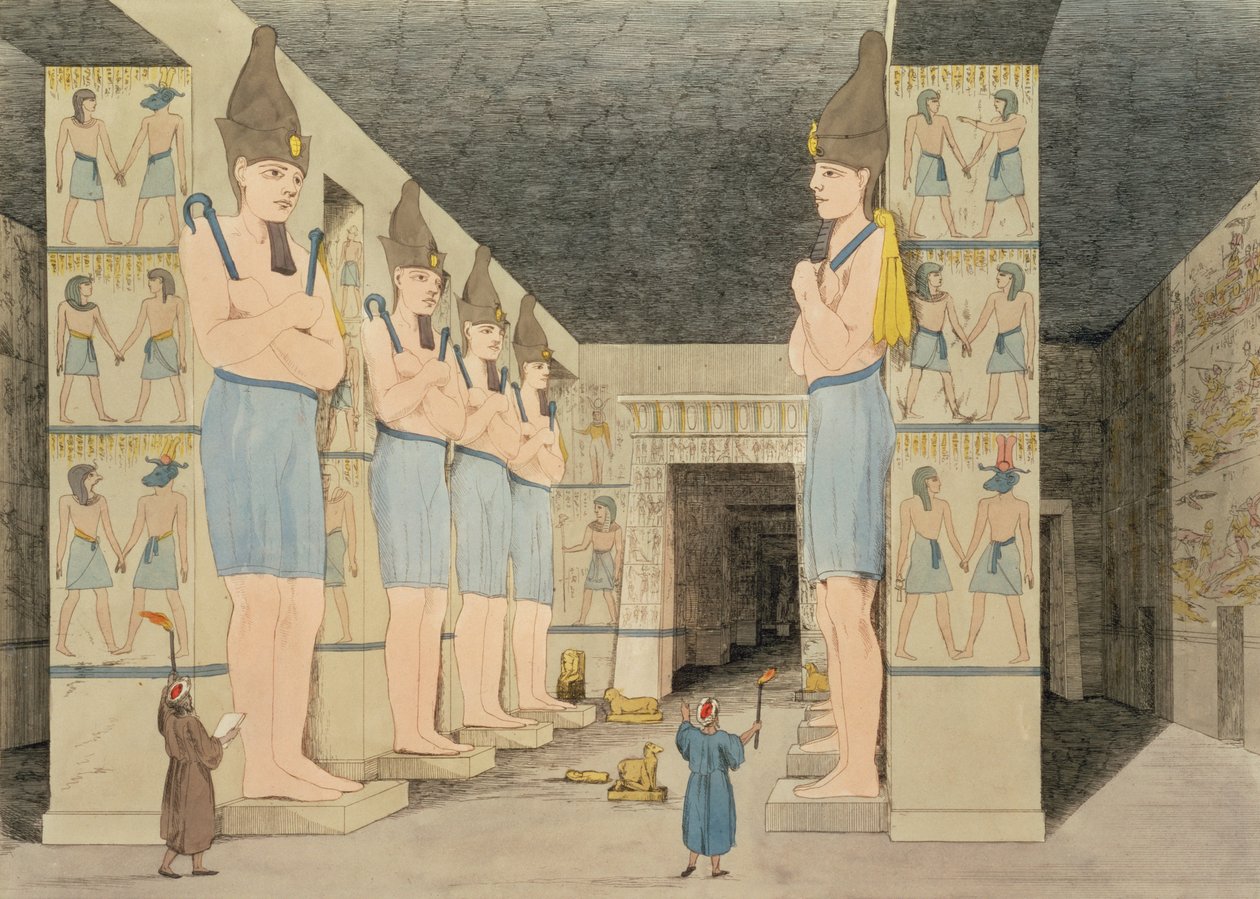 Pohled na vnitřek chrámu v Ybsombulu v Núbii, objevený Giovanni Belzonim, vyrytý Augustinem Agliem (1777-1857) deska 48 z `Plates Illustrative of the Researches in Egypt and Nubia, od Giovanni Battista Belzoni