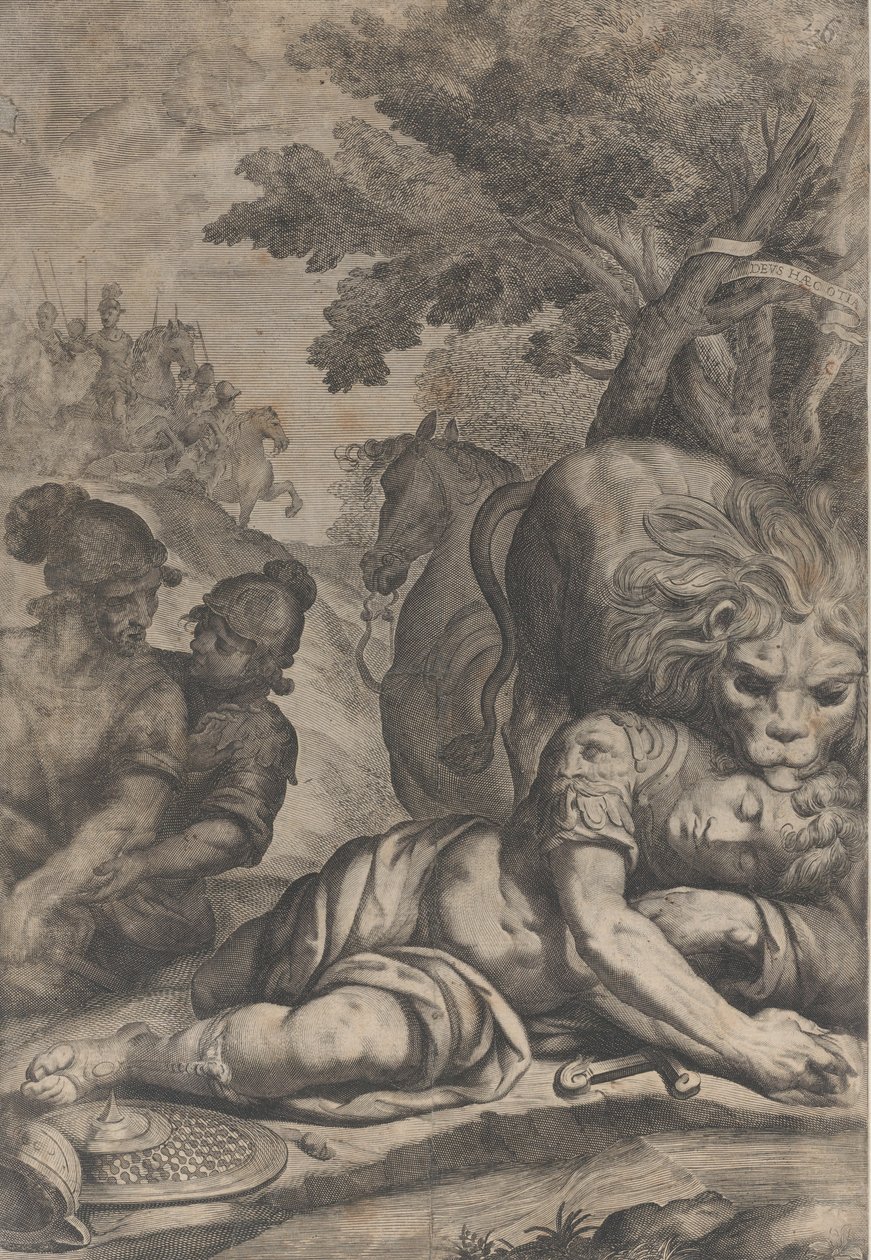 Lev na padlém jezdci vpravo, s dalšími dvěma vojáky vlevo, 1640-70. od Giovanni Battista Bonacina