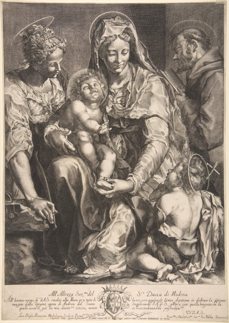 Panna a dítě se svatou Kateřinou, Františkem z Assisi a Janem Křtitelem, polovina 17. století. od Giovanni Battista Bonacina