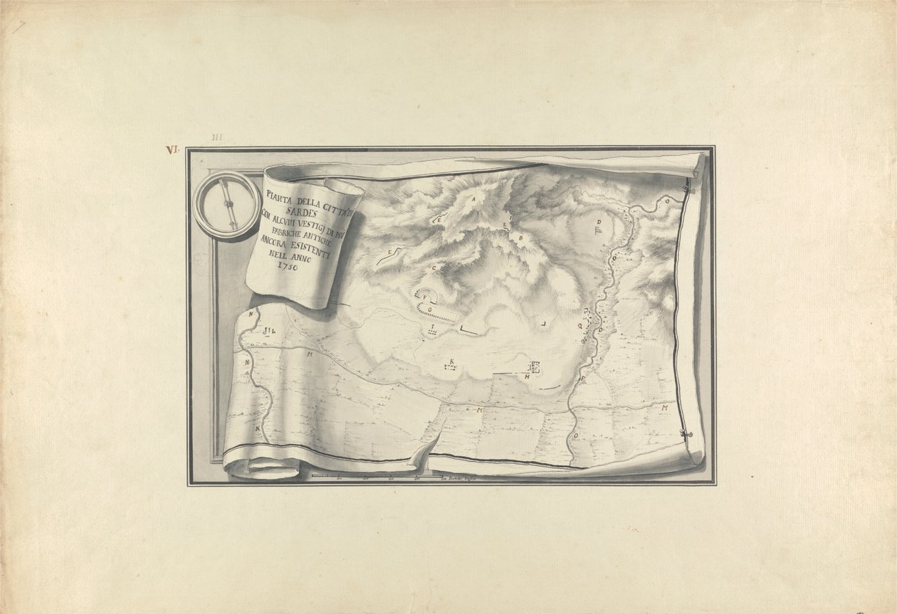 Plán ruin na Sardách s pozůstatky starověkých budov stále existujících v roce 1750 od Giovanni Battista Borra