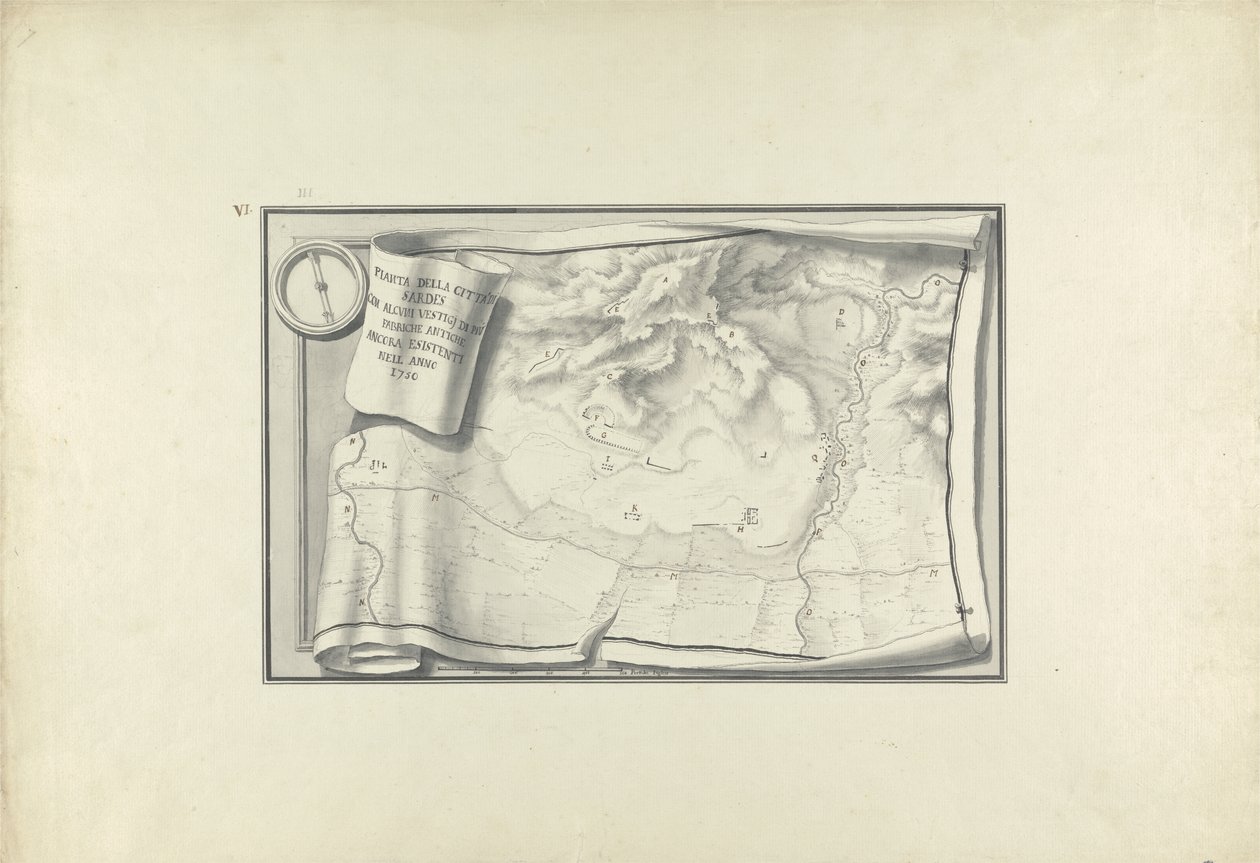 Plán ruin v Sardách s pozůstatky starověkých budov, které ještě existovaly v roce 1750, kolem roku 1750 (pero a inkoust s přemývaným grafitem na papíře) od Giovanni Battista Borra