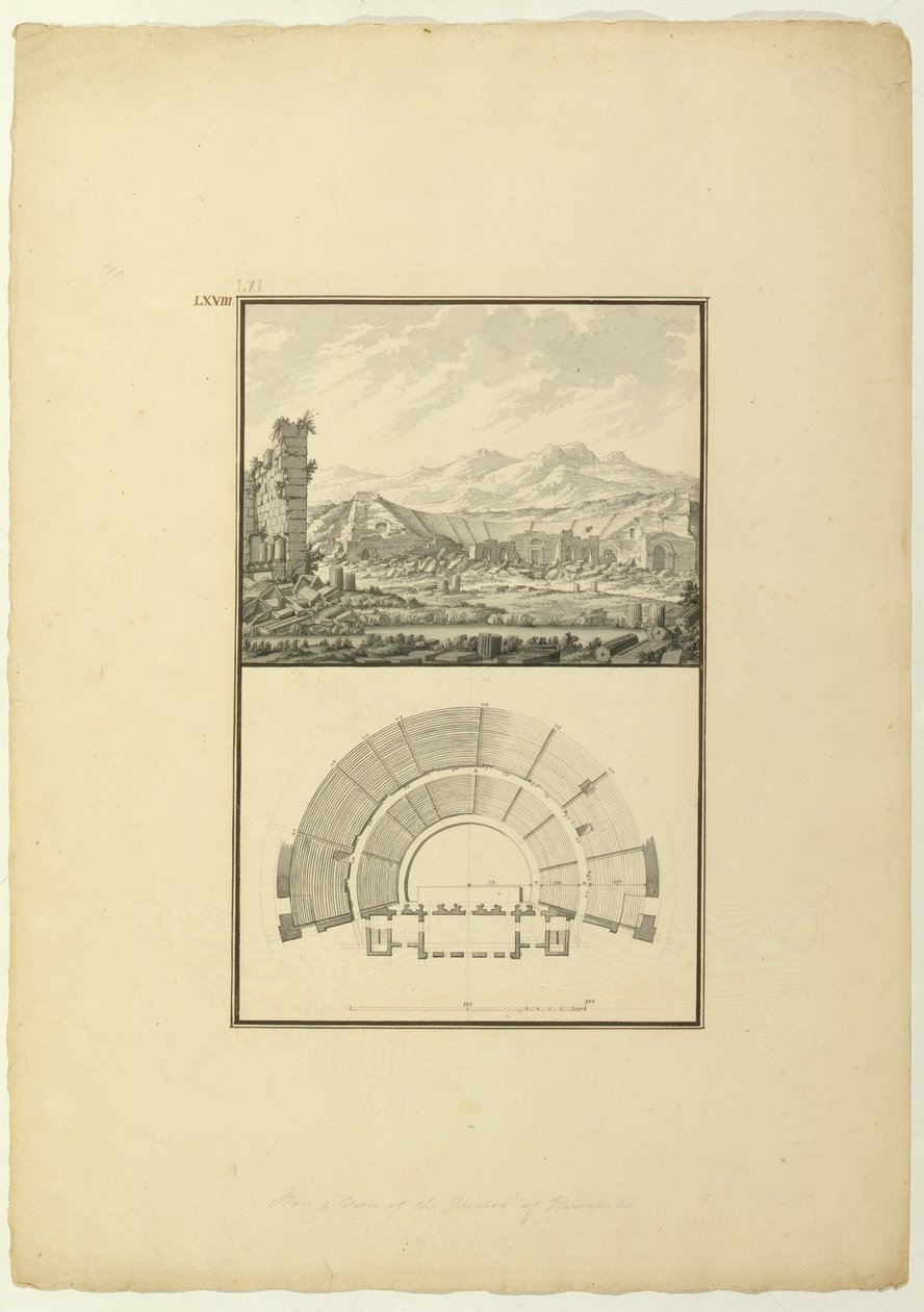 Pohled a plán divadla Hierapolis (nyní Pamukkale), cca 1750 (pero a inkoust a mytí na papíře) od Giovanni Battista Borra