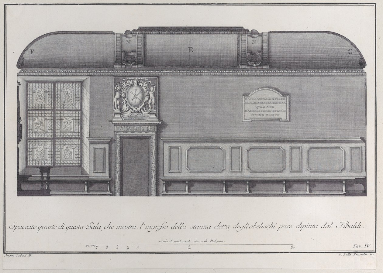 Deska 4: průřez sálem Boloňského institutu se vstupem do r..., 1756. od Giovanni Battista Brostoloni