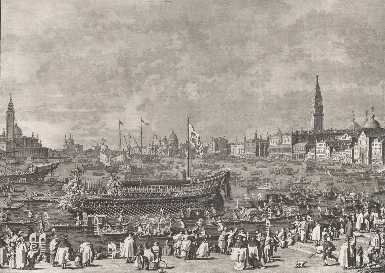 Deska 5: Dóže v Bucintoro Odjezd do Porto di Lido v den Nanebevstoupení Páně, f..., ca. 1766. od Giovanni Battista Brostoloni