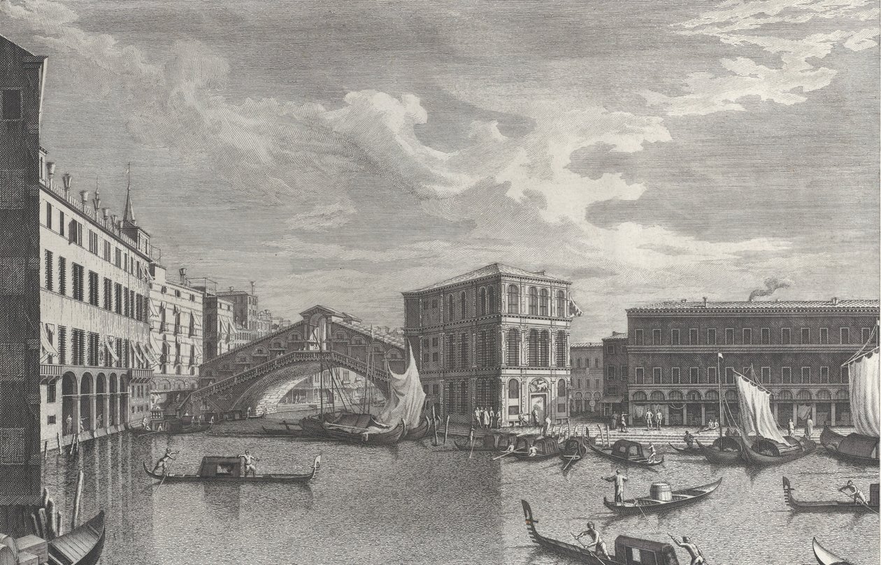 Most Rialto, Benátky, s loděmi a gondolami ve vodě, 1763. od Giovanni Battista Brostoloni
