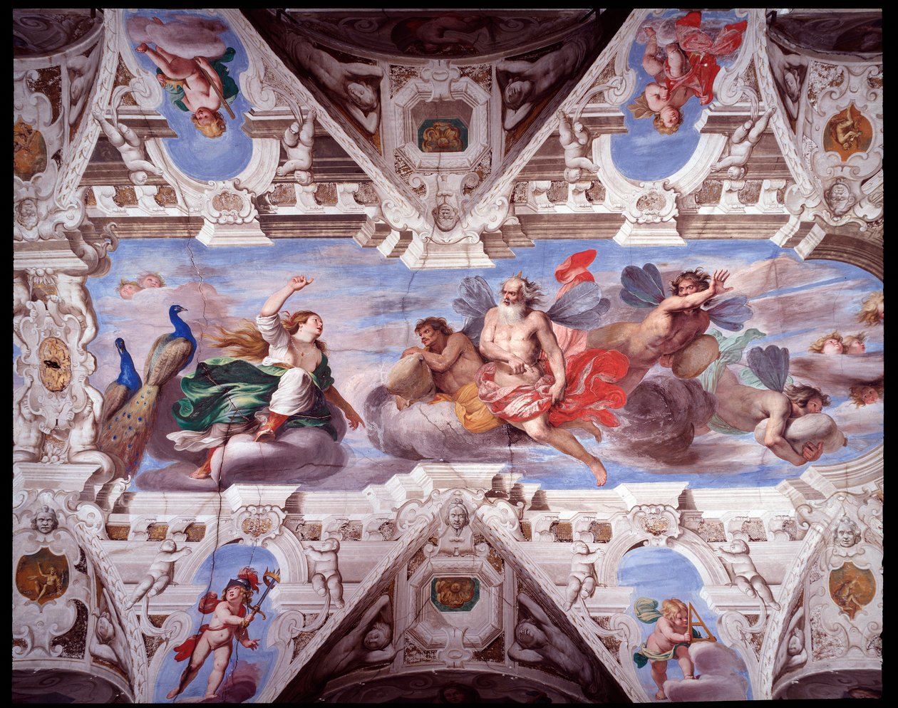 Juno žádá Aeola, aby zabránil Aeneasově cestě (Fresco od Giovanni Battista Carlone
