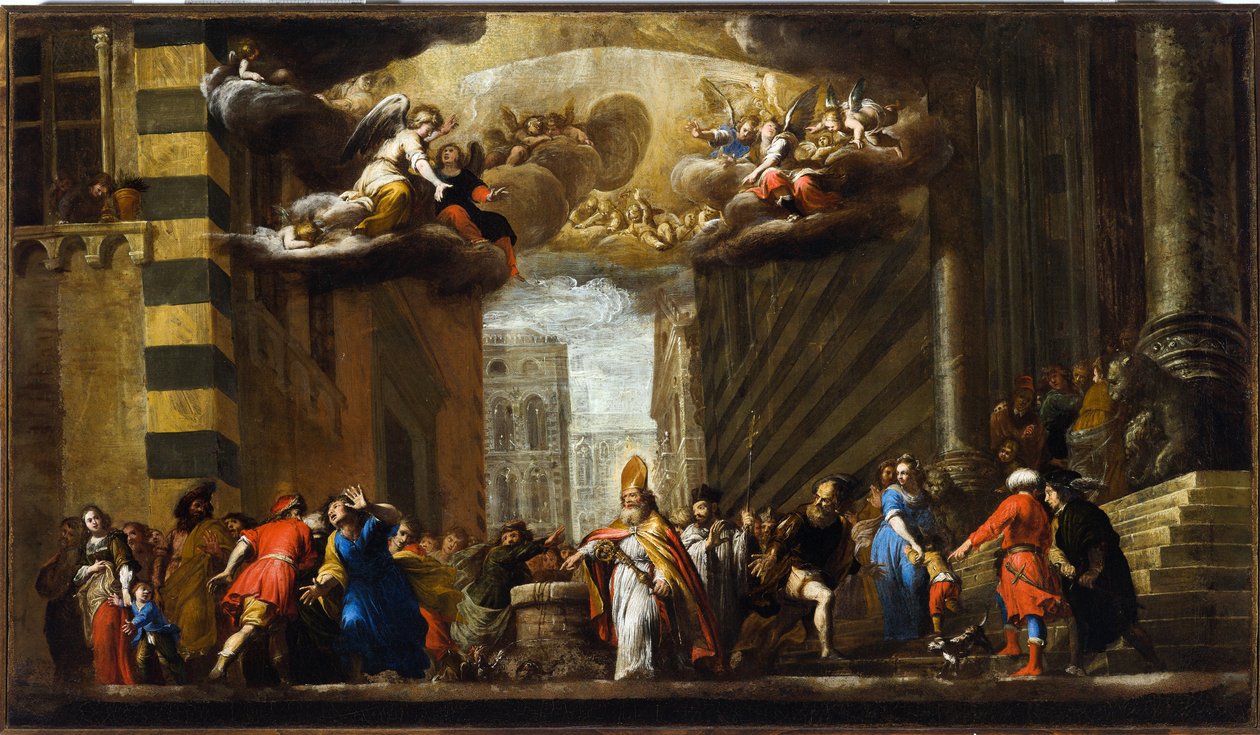 San Siro voittaa basiliskin, luonnoksen San Siron kirkolle Genovassa, n. 1683 (öljy kankaalle) od Giovanni Battista Carlone
