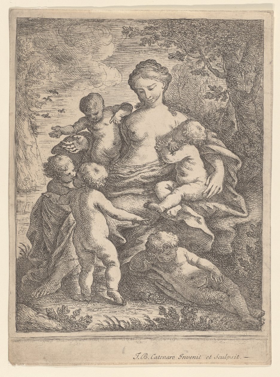 Charita, usazená v krajině obklopená pěti nahými dětmi, 1692-1727. od Giovanni Battista Catenaro
