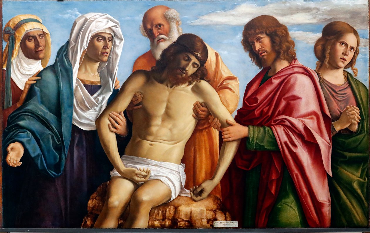 Mrtvý Kristus podporovaný Pannou Marií, Nikodémem, svatým Janem Evangelistou a Dvěma Mariemi (obraz) od Giovanni Battista Cima da Conegliano
