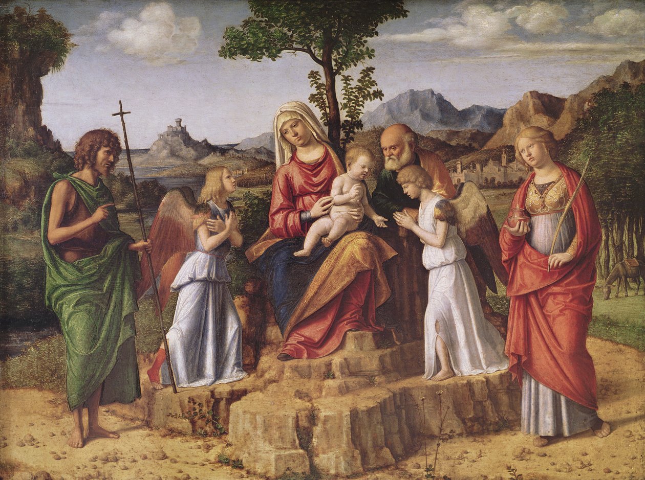 Svatý rozhovor (Svatá rodina obklopená anděly, svatou Lucií a svatým Janem Křtitelem), zastavení před letem do Egypta, kolem roku 1490 od Giovanni Battista Cima da Conegliano