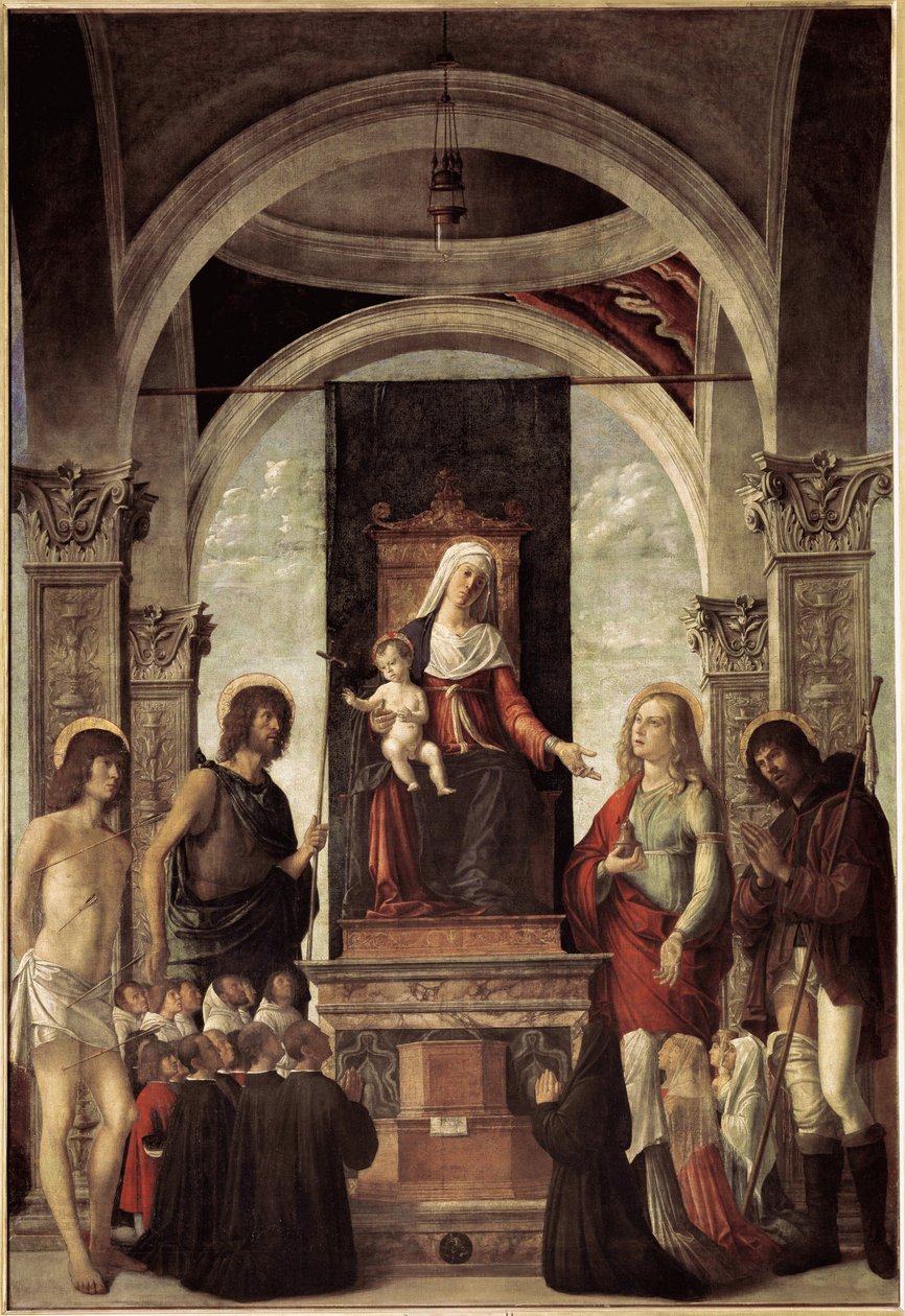 Svatý rozhovor, panna s dítětem obklopená svatým Janem Křtitelem, svatým Sebastianem, svatým Rochem, svatou Marií Magdalenou (olej na plátně, kolem 1487-1488) od Giovanni Battista Cima da Conegliano