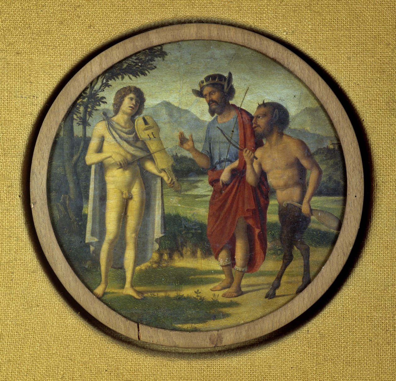 Kryt klávesového nástroje s ilustrací znázorňující Apollóna (s lyrou) a Marsyas od Giovanni Battista Cima da Conegliano