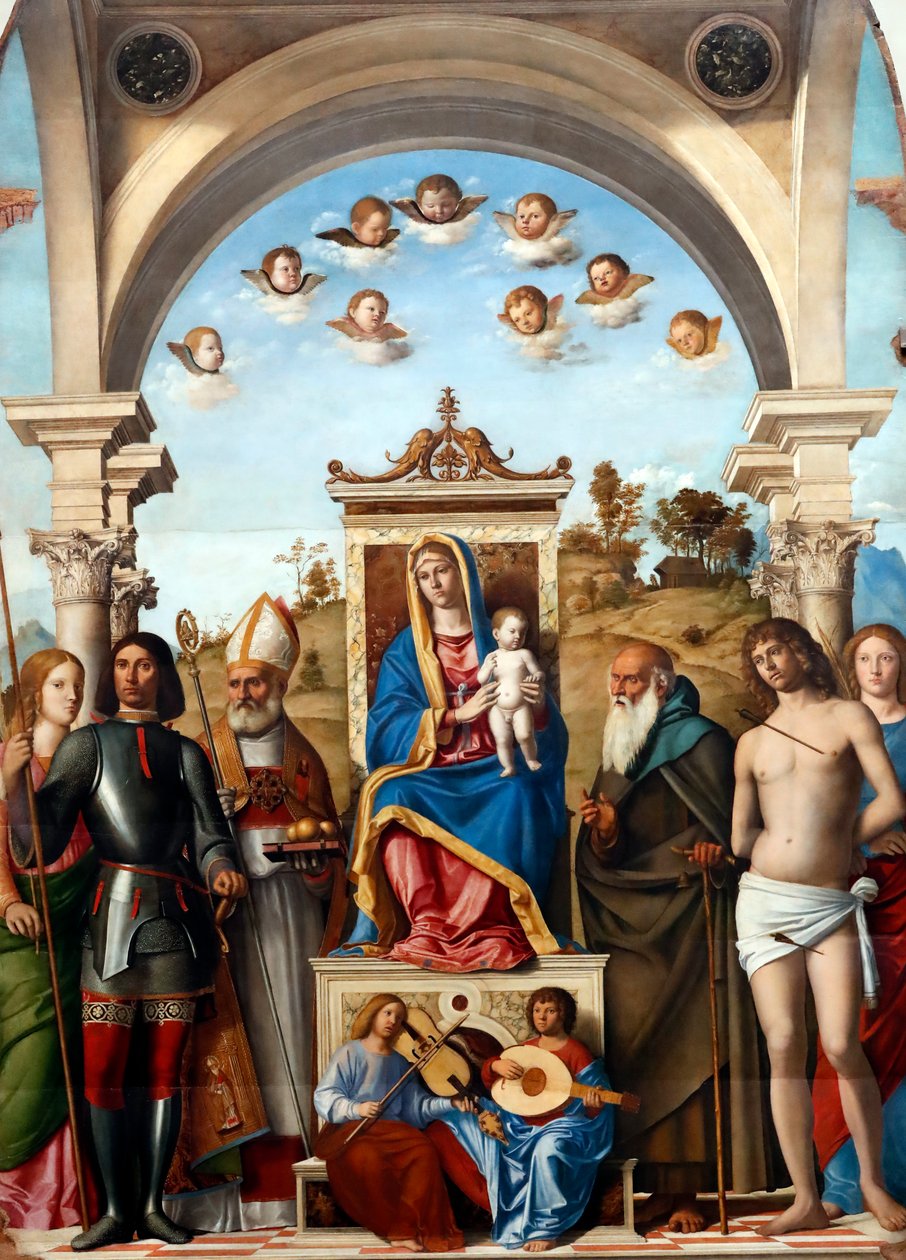 Madonna a dítě na trůnu se svatými Catherine, George, Nicholas, Anthony Abbot, Sebastian a Lucy od Giovanni Battista Cima da Conegliano