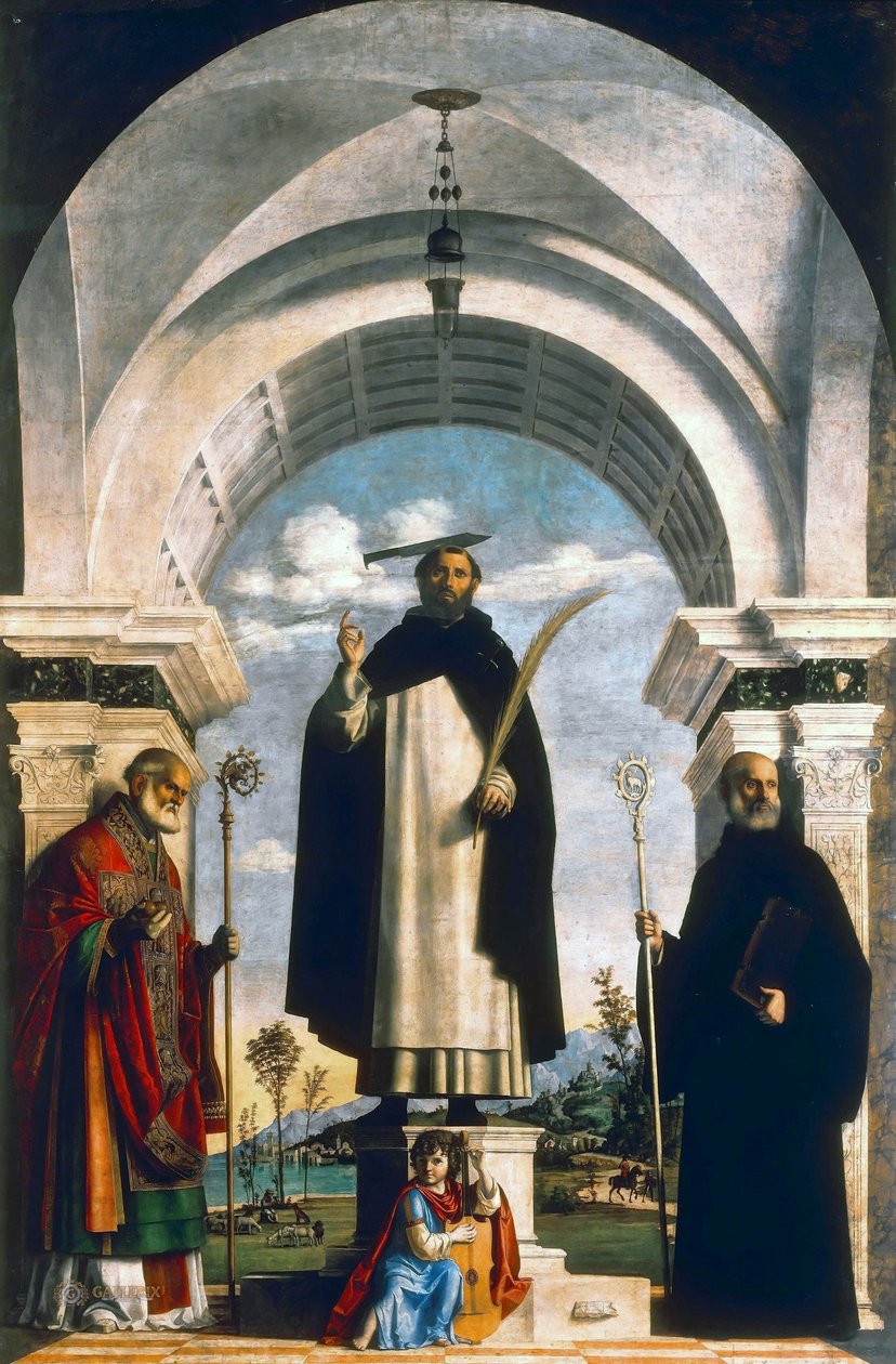 Svatý Petr mučedník se svatým Mikulášem z Bari, svatým Benediktem a andělem hudebníkem od Giovanni Battista Cima da Conegliano