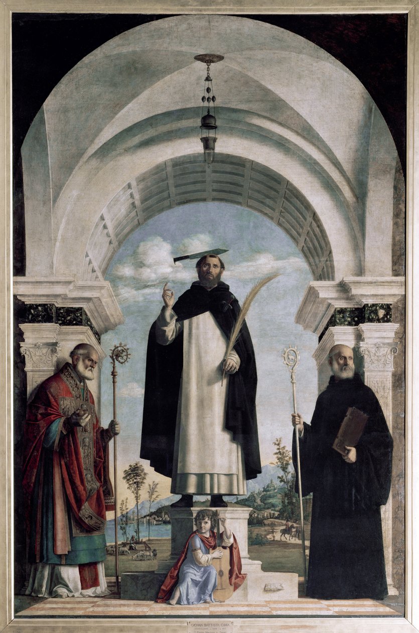 Svatý Petr z Verony se svatým Mikulášem a svatý Benedikt s andělem (olej na desce od Giovanni Battista Cima da Conegliano
