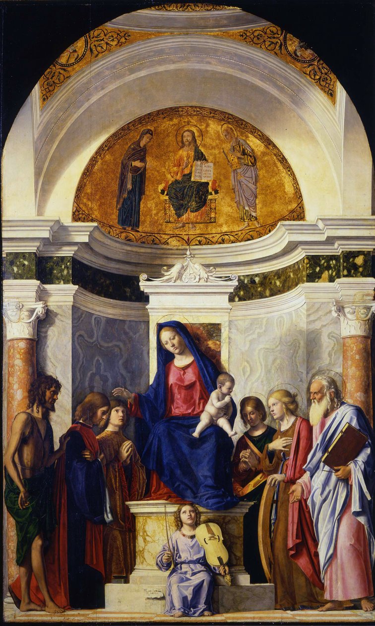 Panna a dítě se svatými Janem Křtitelem, Kosmou a Damiánem, Kateřinou a Pavlem, cca 1506-1507 od Giovanni Battista Cima da Conegliano