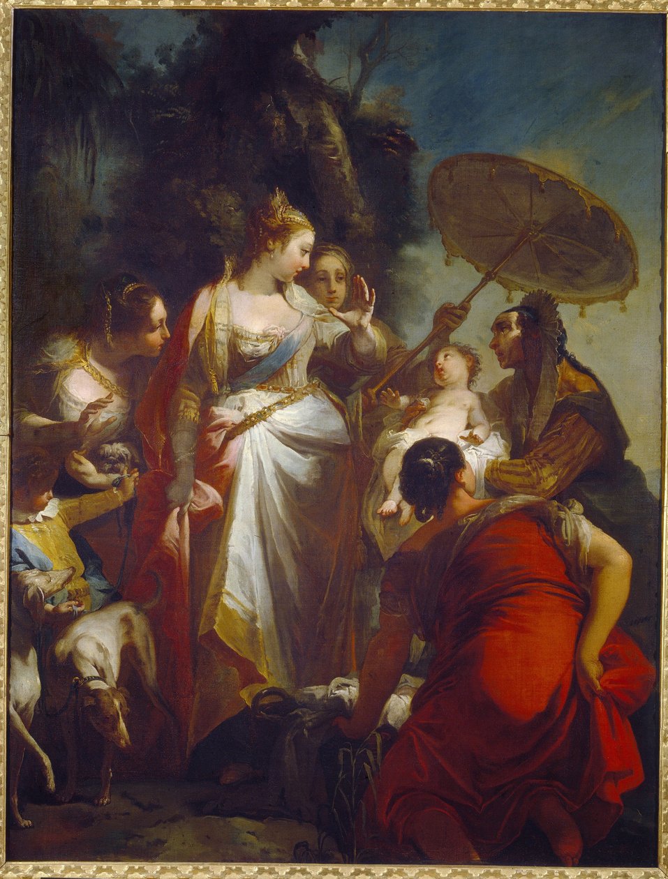 Objevení Mojžíše. (Nalezení Mojžíše). Faraonova dcera se rozhodne adoptovat nového nalezeného v koši poblíž Nilu (Egypt). Obraz Giovanni Battista Crosato (asi 1697-1758), olej na plátně, asi 1730. Italské umění (Benátky) od Giovanni Battista Crosato