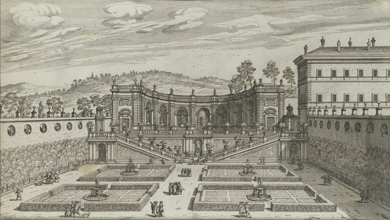 Další perspektivní pohled na Teatro et Giardino Contigvo z Mondragone ve Fras ..., 1691 nebo později. od Giovanni Battista Falda