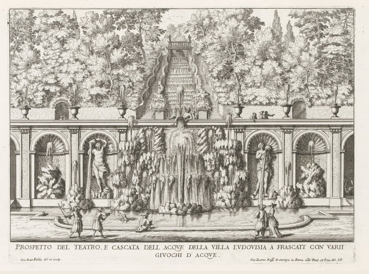 Cascade en Teatro delle Acque v de tuinen van de Villa Torlonia te Frascati Vyhlídka divadla a vodní kaskády Villa Ludovisia (...) (název na objektu) Fontány vil ve Frascati (název série) Fonteinen van Frascati (název série) od Giovanni Battista Falda