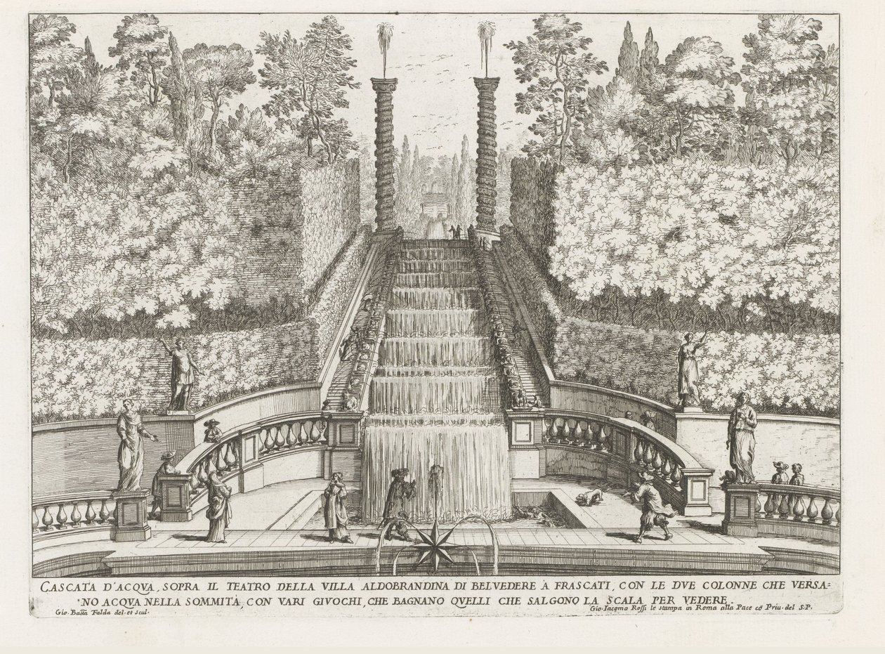 Kaskáda v de tuinen van de Villa Aldobrandini te Frascati Vodopád nad divadlem vily Aldobrandina di Belvedere ve Frascati (...) (název na objektu) Fontány vil ve Frascati (název série) Fonteinen van Frascati (název série) od Giovanni Battista Falda