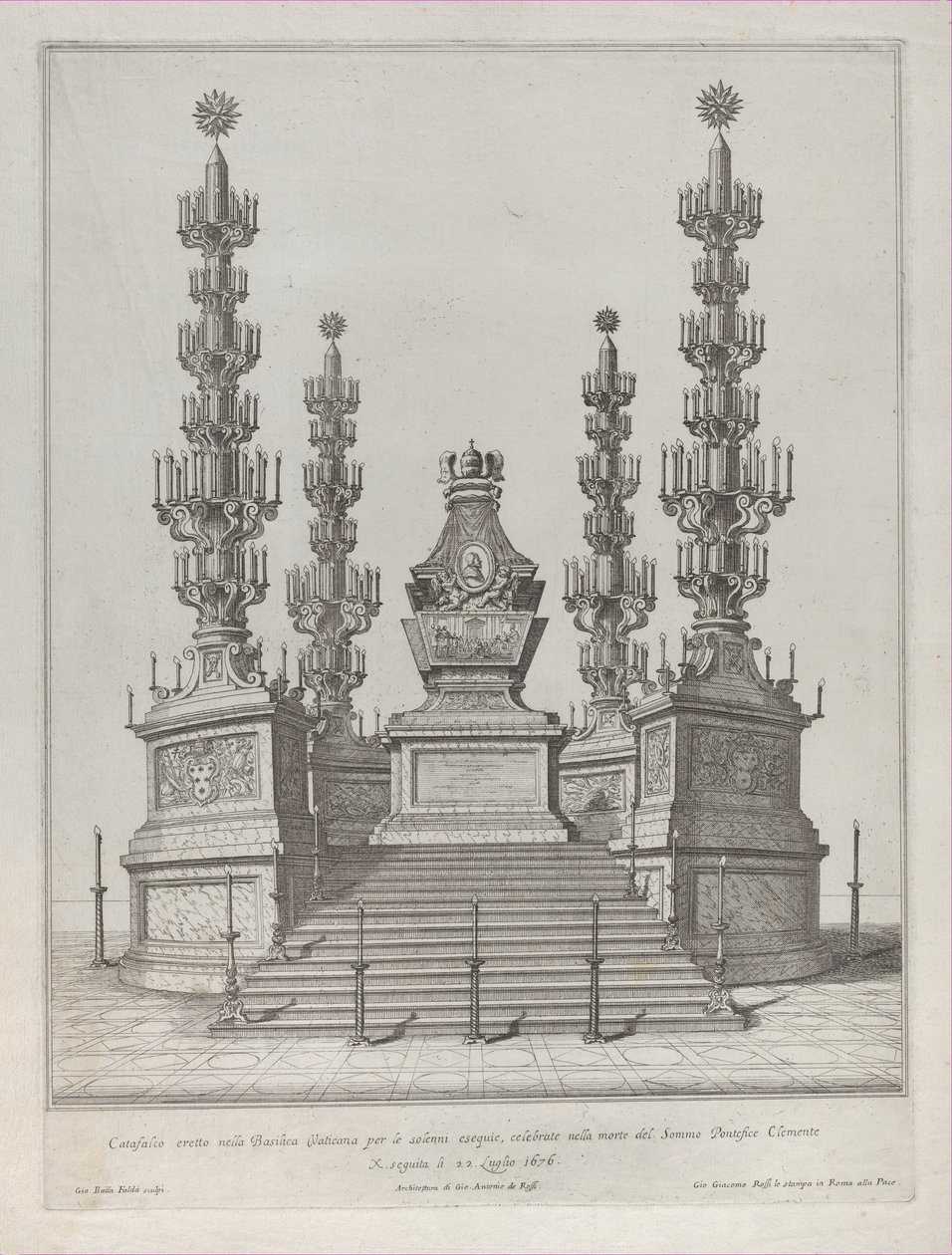 Katafalk pro papeže Klementa X.: centrální stavba vyvýšená na 15 stupňové plošině s c..., 1676. od Giovanni Battista Falda